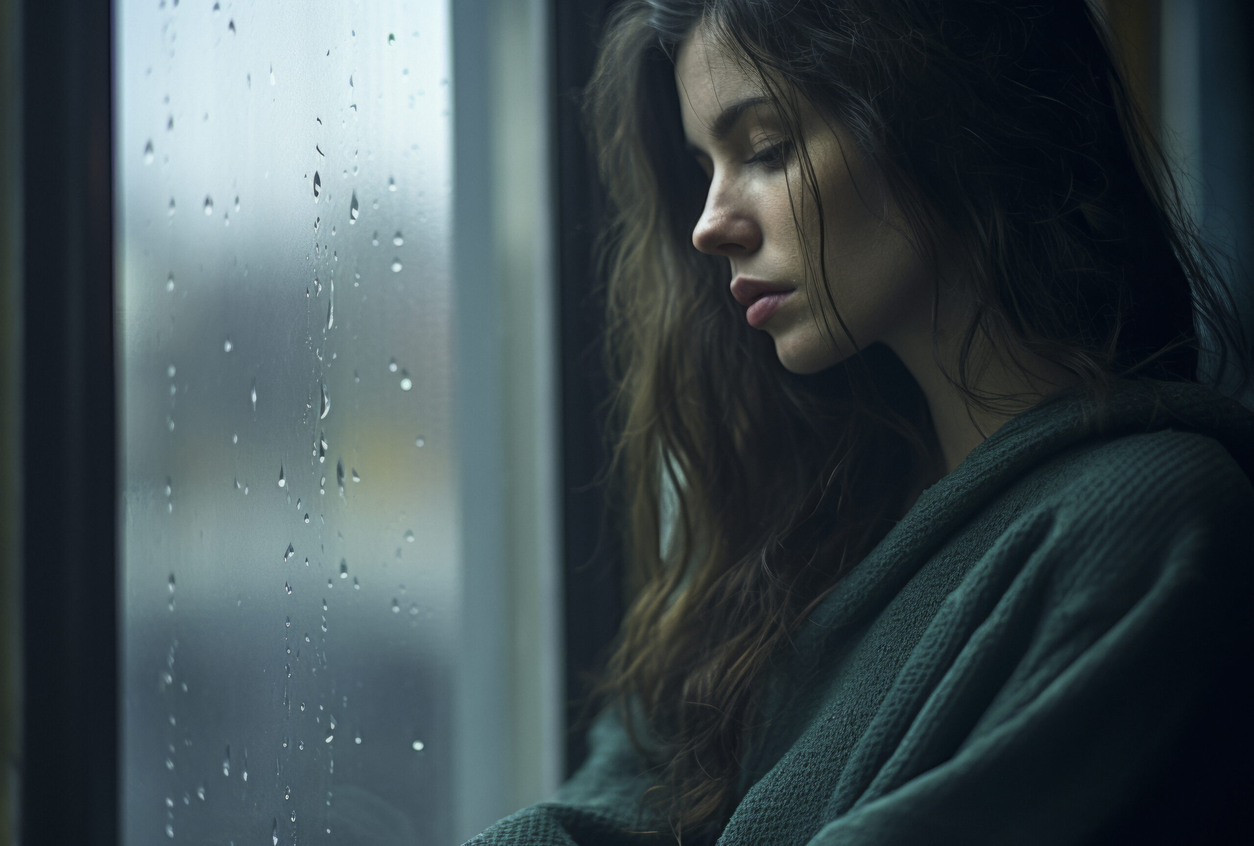 Woman staring out rainy window, reflecting after a breakup.